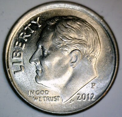 2012 ERROR OFF CENTER BS Roosevelt Dime BU Coin VERY RARE DATE O/C Broad Struck  - Image 1 of 4