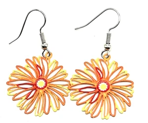 Multicolor-Yellow/Red/Orange Enamel Filigree Daisy Flower Dangle Drop Earrings - Picture 1 of 3