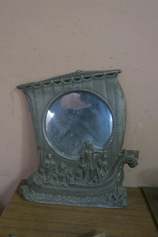 Old Handmade Pewter Frame Mirror Americana Discovery of America 12" x 11" Cover