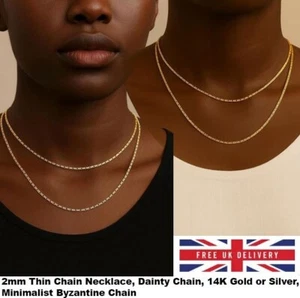 2mm Thin Chain Necklace, 14K Gold Plated Minimalist Byzantine Chain Gift For Her - Picture 1 of 6