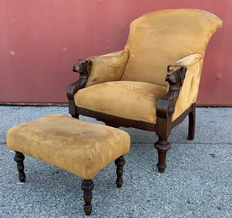 American Victorian Era Eastlake Carved Dog Head Upholstered Arm Chair w Ottoman Cover