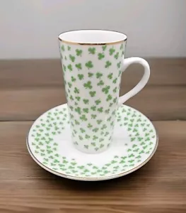 Neiman Marcus Espresso Cup & Saucer Fitz Floyd Shamrock Clover Design Rare VGC - Picture 1 of 10