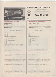RADIO DE COCHE BLAUPUNKT FORD 17 M radio instrucciones de instalación 1961 multilingüe - Imagen 1 de 4
