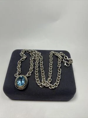 Collar de eslabones de cadena ovalados aguamarina con acento de plata esterlina y oro de 18 quilates de diseñador Foto 1 de 4
