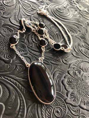 Collar colgante ovalado de ónix negro hecho a mano artesanal 20" suroeste Foto 1 de 4