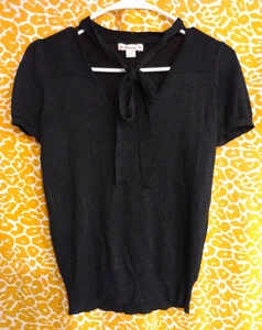 Vintage y2k Forever 21 puffed sleeve sparkly black tie neck top medium AS IS - Picture 1 of 5