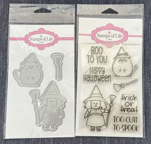 The Stamps of Life HALLOWEEN PUDGIES Dies & Stamps Set Witch Broom Witch Cat - Picture 1 of 1