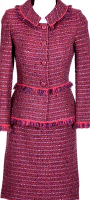 Chaqueta y falda ST.JOHN para mujer roja borgoña metálica brillante con flecos talla 2-4 Foto 1 de 4
