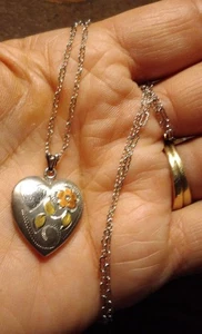 Sterling Silver Heart Locket Pendant Necklace Tri Color Floral Dbl Photo Memento - Picture 1 of 16