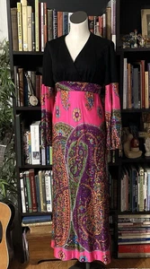 Vintage Maxi Dress 70s BoHo Empire Gypsie Pink Black - Picture 1 of 5
