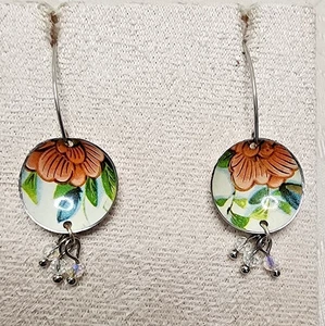 Vintage Hand-Painted Enamel Floral Dangle Earrings – Art Deco Style Collectible - Picture 1 of 6