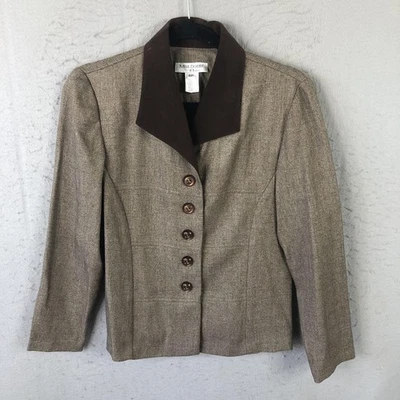Miss Dorby Blazer Womens 6P Brown Herringbone Jacket Petite Suede Collar Buttons - Image 1 of 4