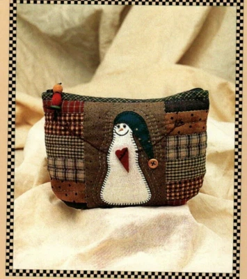 Snowman Pouch Cute Winter Clutch Bag Pattern Soft Sculpture Folk Primitive - Image 1 of 2