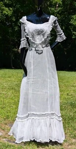 WEDDING WORTHY EARLY EDWARDIAN 3 PC BRIDAL NET DRESS W RUFFLES + TRAIN - Picture 1 of 10