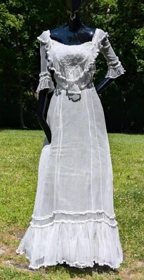 VESTIDO DE RED NUPCIAL DIGNO DE BODA EDUARDIANO TEMPRANO 3 PIEZAS CON VOLANTES + TREN Foto 1 de 4