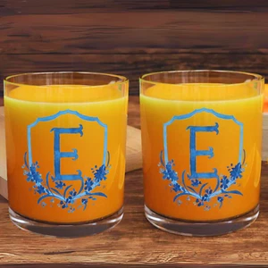 Set of 2 Custom Initial Blue Floral Crest Bar Glass Whisky Glass 10oz - Picture 1 of 3