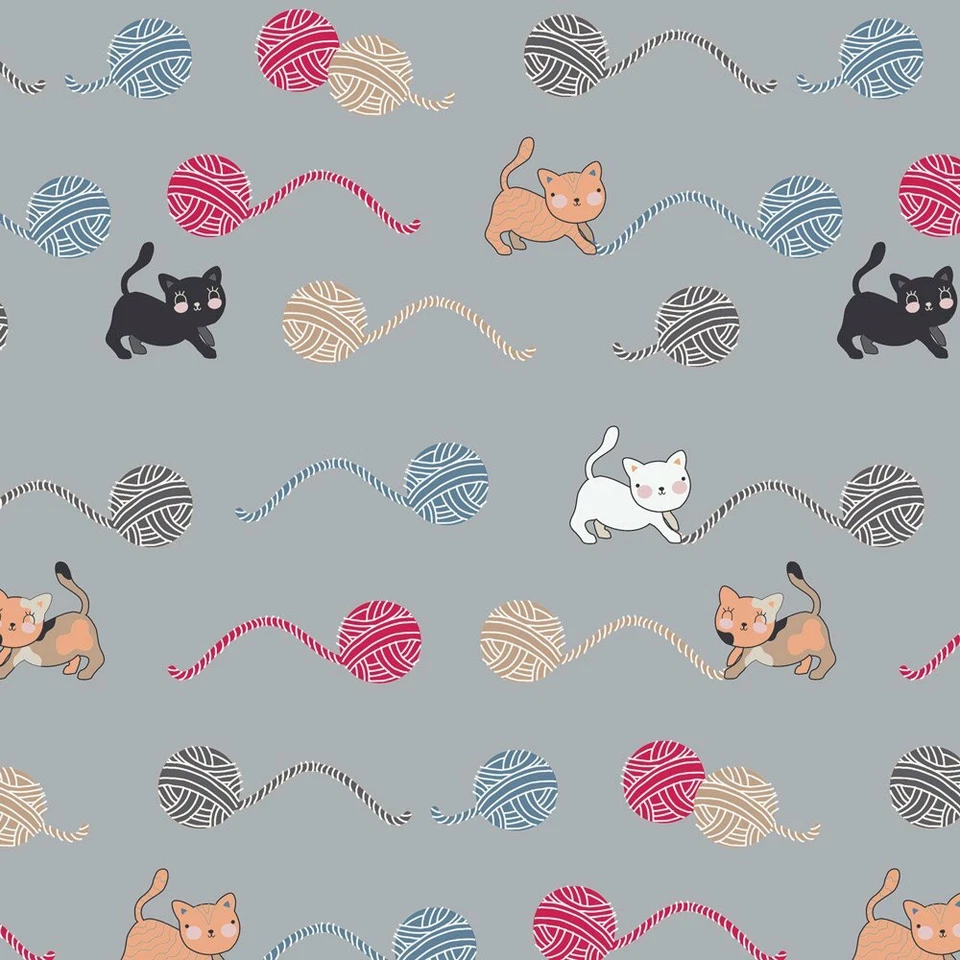 Fat Quarter Crafty Critters And Kittens With Wool Grey 100% Cotton Fabric - Image 1 of 1