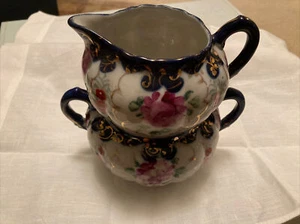 Vintage China hand painted Nippon Type cream & sugar Blue Gold W Floral 4.5, 5.5 - Picture 1 of 10