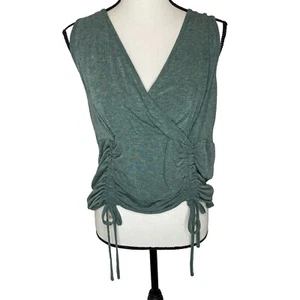 POL Faux Wrap Sleeveless Top Size S Wool Blend Drawstring Ruching Green V-Neck - Picture 1 of 9