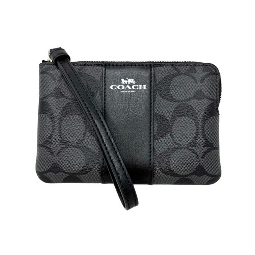 NUOVO con etichette Coach Signature PVC pelle angolo zip polso F58035 nero grigio