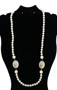 Milk Glass Necklace Miriam Haskell RARE Oval Hand Painted 2 Sided Cabs 28" - Picture 1 of 10