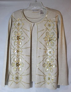 Alfred Dunner 2 in 1 Sweater Beige Gold Sequins Beaded Open Front Women's 1X - Picture 1 of 11