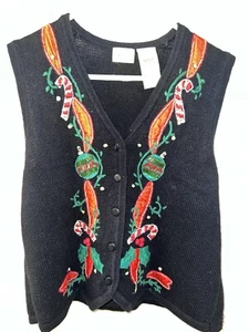 Kathie Lee Wmns Black Christmas Ornament Button Front Sweater Vest LUgly Xmas - Picture 1 of 1