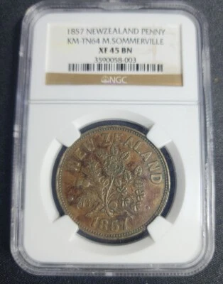 1857 NEW ZEALAND PENNY COPPER M SOMMERVILLE AUCKLAND NGC AU XF 45 BN KM TN64 - Image 1 of 4