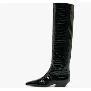 miss left Women Closed Square Toe Knee High Boot Wide Calf Low Chunky Heels Flat - Picture 1 of 7