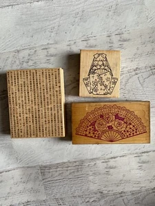 Rubber Crafting stamps lot of 3 Asian theme Fan Kimono Background Writing Hero - Picture 1 of 9