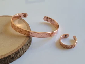 Solid Copper Magnetic Bracelet Ring Set Arthritis Cuff Ring Set Jesus Fish - Picture 1 of 7