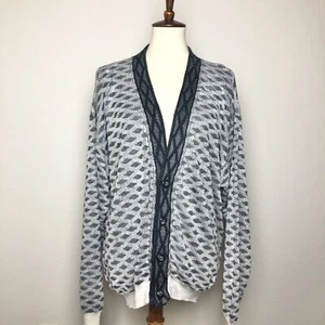 Vintage Sweater Mondo Mens Medium Italian Made Cardigan White Black Print Button - Picture 1 of 12