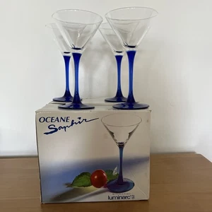 Luminarc France Blue Stem Cocktail Glasses Boxed Set Of 4 - Height 16.5cms VGC - Picture 1 of 12