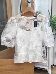Dorothy Perkins Puff Sleeve Burn Out Organza Blouse Top Size 12 New With Tags - Picture 1 of 7
