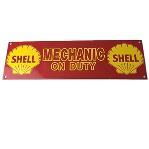 Vintage Shell Gasoline Sign - Mechanic on Duty Gas Pump Porcelain Sign - Picture 1 of 14