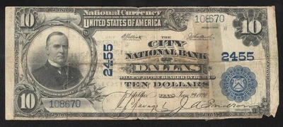 1902 $10 CITY NATIONAL BANK DALLAS, TX BANKNOTE TEXAS CURRENCY 08670 - Image 1 of 2