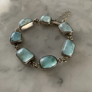 Stering Silver Larimar Link Bracelet 7.5” Square Chunky  - Picture 1 of 10
