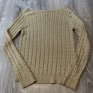 Lauren Ralph Lauren 100% Silk Gold Sweater Knit V Neck Pullover Women Medium - Picture 1 of 3