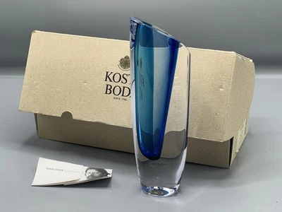 Kosta Boda Goran Warff Signed Clear & Blue Crystal Vase 49808 Seaside NIB 9.5” - Image 1 of 4