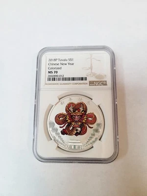 2018 P TUVALU HAPPY CHINESE NEW LUNAR YEAR DRAGON SILVER $1 1oz COIN NGC MS70 ER - Image 1 of 2