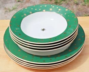 4 Sakura Galaxy Green Rim Dinner Plates 10” & 4 Soup Bowls 14K Gold Stars & Trim - Picture 1 of 11