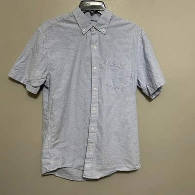 Amazon Essential Mens M Blue White Striped Short Sleeve Button Down Casual Shirt - Image 1 of 4