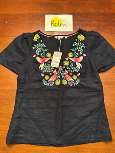 NEW BODEN 100% linen EMBROIDERED BIRDS navy BLOUSE top Women SHIRT US sz 4 - Picture 1 of 8