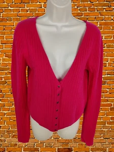 WOMENS FREE PEOPLE LARGE FUCHSIA PINK RIB CARDIGAN JUMPER 100% CASHMERE KNIT - Picture 1 of 9