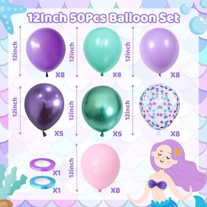 Mermaid Birthday Balloons 50 Pcs Mermaid Balloons 12 Inch Metallic Purple Tea... - Picture 1 of 6