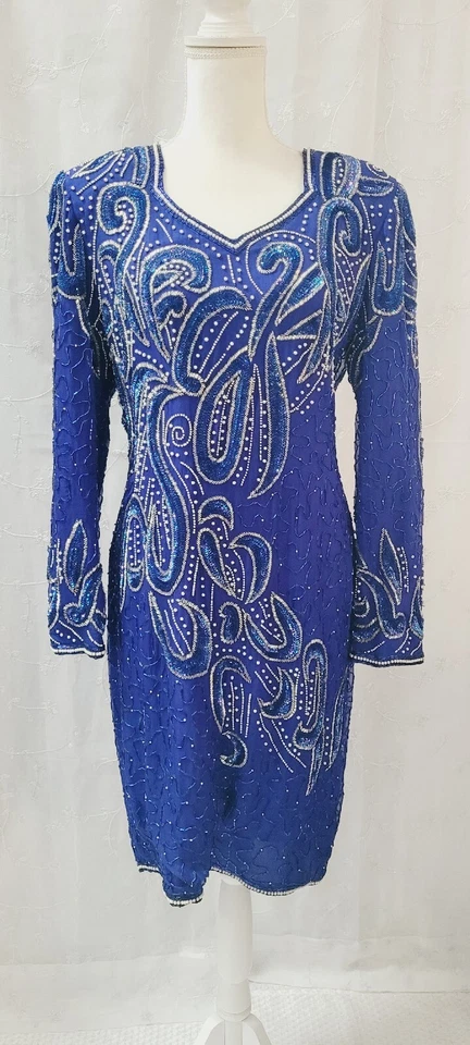 Vintage Stenay Blue Silk Pearl Beaded Sequin Dress Sleeves Cocktail Formal  8 - Image 1 of 4