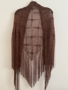 NEW Hand Crochet Shawl Wrap Gem Porcelain Glass Beads Fringe Brown - Picture 1 of 2