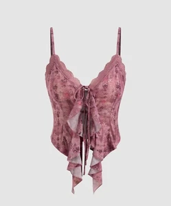 V-NECK FLORAL TIE FRONT BOW LACE RUFFLE HEM CROP CAMI TOP - Picture 1 of 4