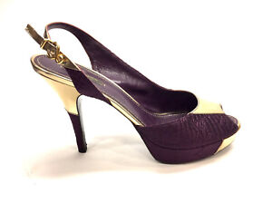 LOUIS VUITTON Purple Silk/Gold Leather Peep-Toe Platform Hi-Heel Slingbacks Sz41