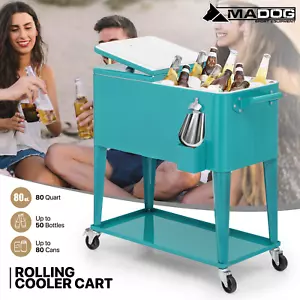 80 Quart Rolling Cooler Cart Camping Ice Chest Patio Party Beverage Cart w/Shelf - Picture 1 of 12